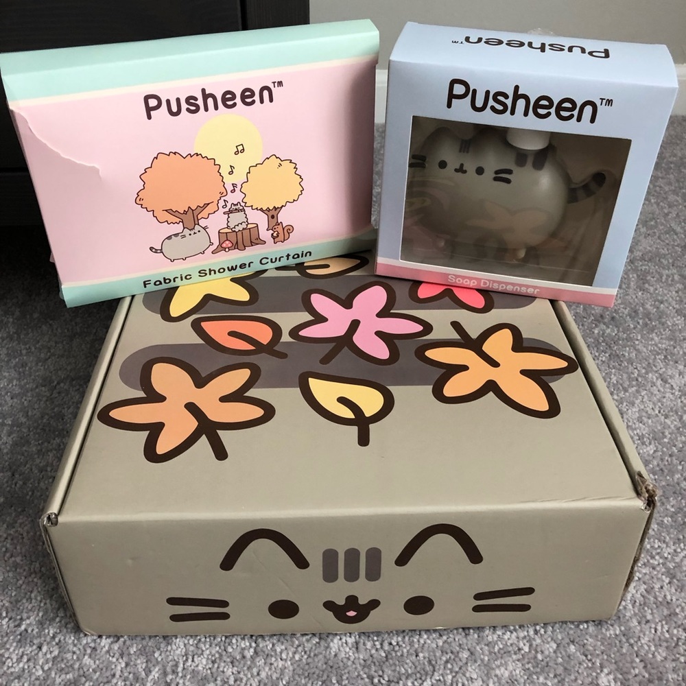 Pusheen box shower curtain and soap dispenser